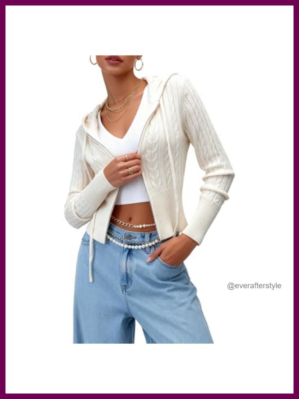 Women's Lightweight Zip Up Cable Knit Cropped Hoodie Cardigan Y2K Sweater
